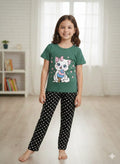 Cute Kitty Dreams Kids Pajama Set- Green
