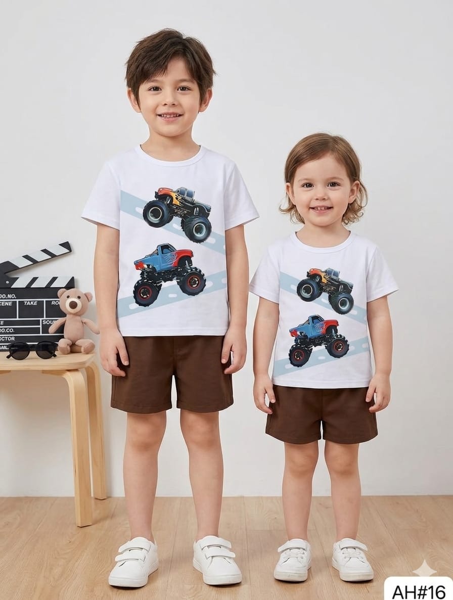 Kids Monster Truck Graphic T-Shirt & Shorts Set – Stylish Summer Outfit for Boys & Girls