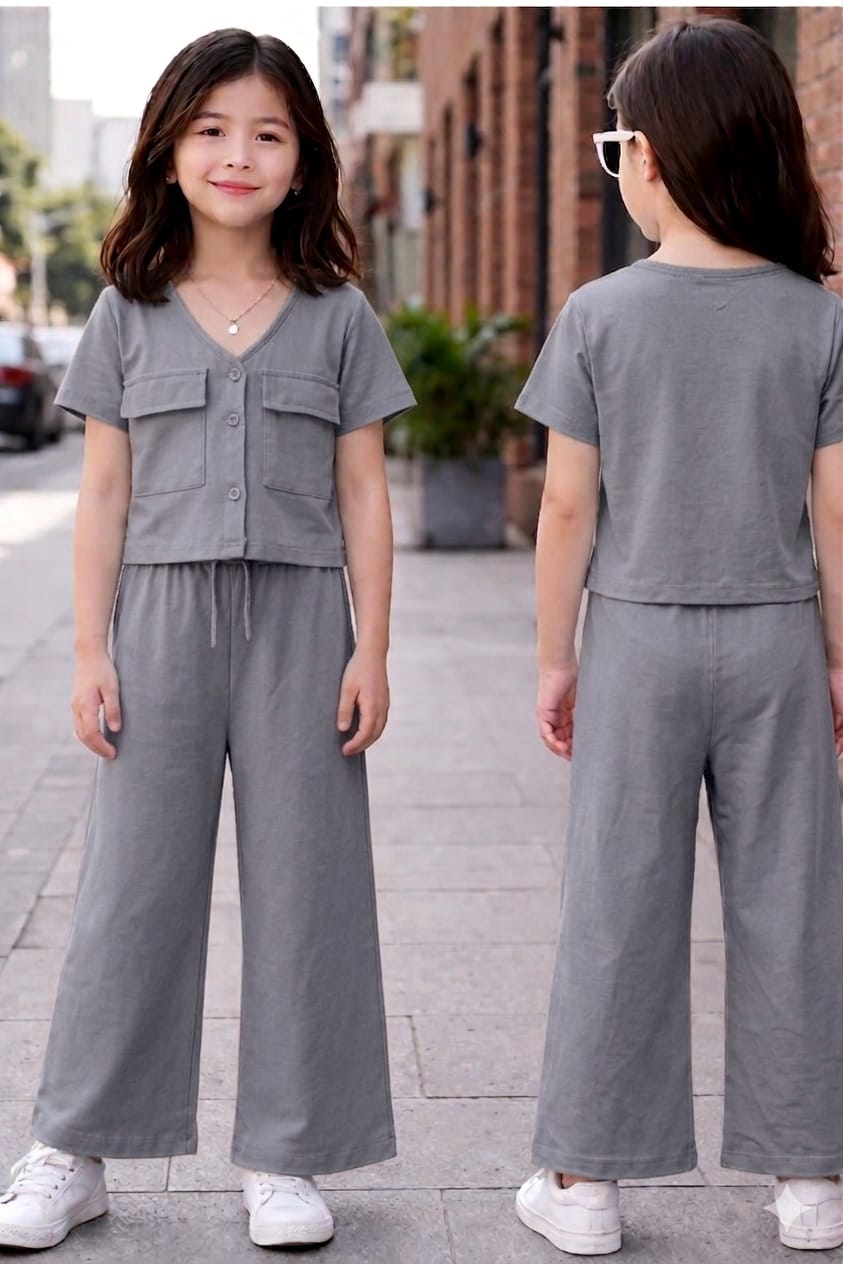 Girls Grey Co-Ord Set – Button Front Top & Wide Leg Pants Casual Outfit