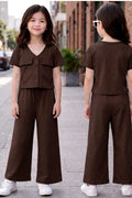 Girls Casual Brown Co-Ord Set – Button Top & Wide Leg Pants Outfit