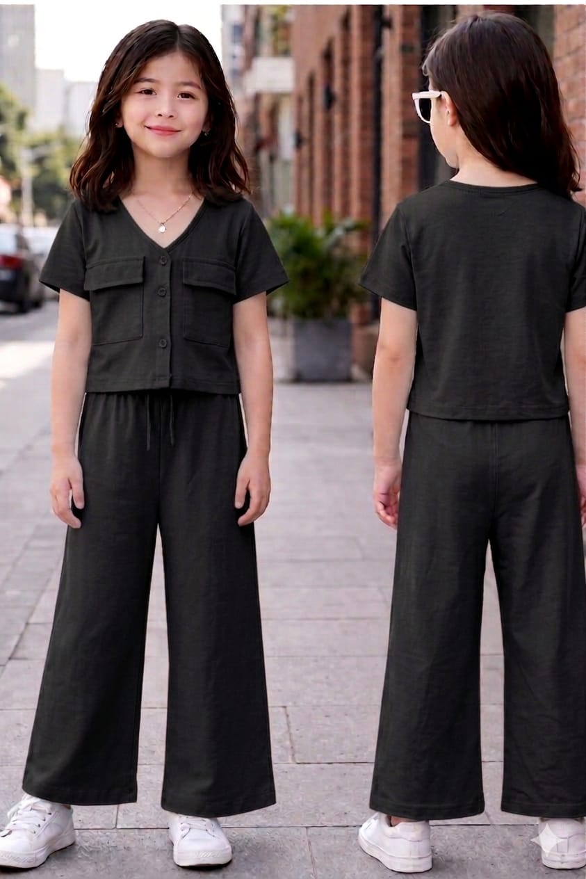 Girls Black Co-Ord Set – Button Top & Wide Leg Pants Stylish Outfit