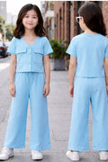 Girls Sky Blue Co-Ord Set – Button Front Top & Wide Leg Pants Stylish Outfit