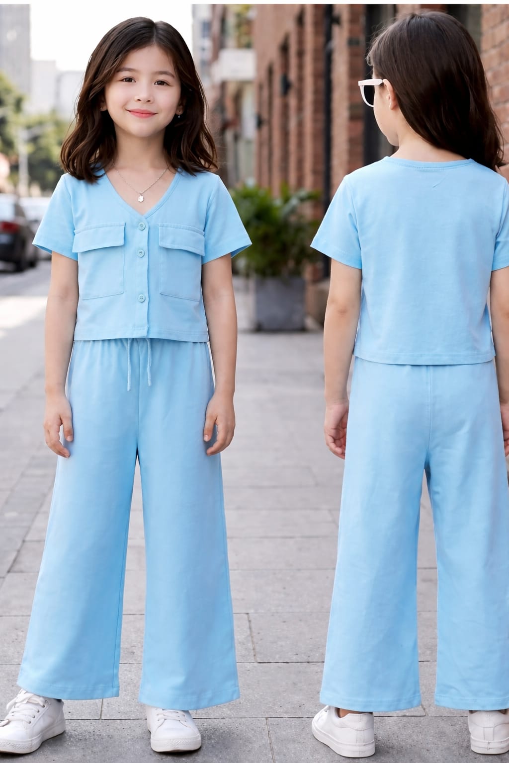 Girls Sky Blue Co-Ord Set – Button Front Top & Wide Leg Pants Stylish Outfit