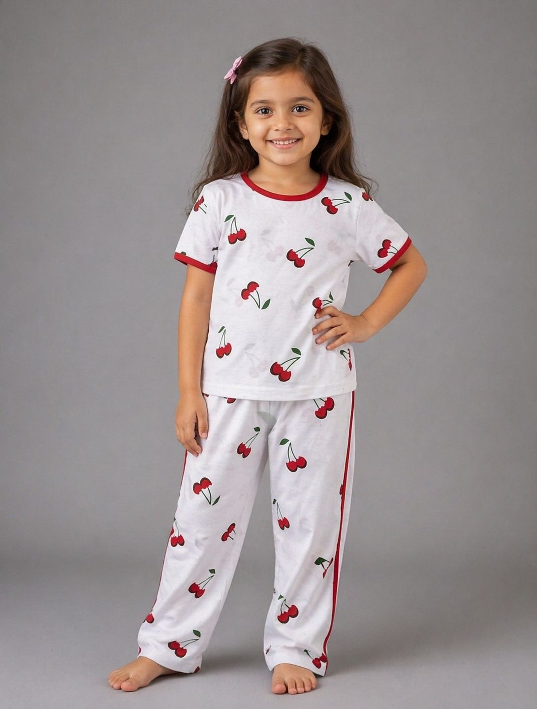 Kids Cherry Print Cotton Night Suit – Soft & Comfortable Pajama Set for Girls