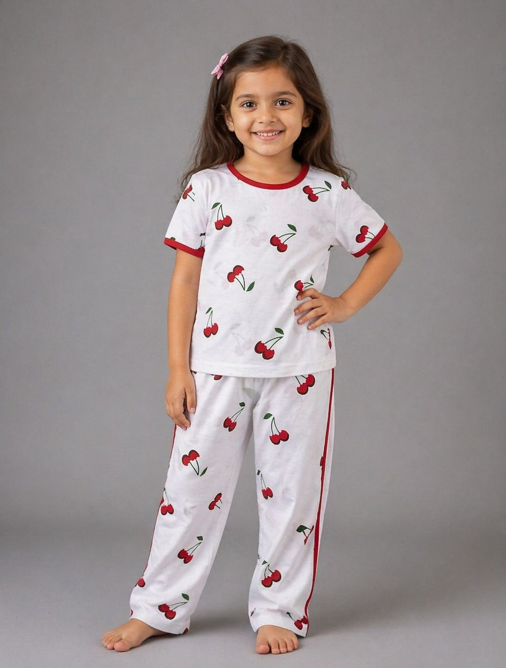 Kids Cherry Print Cotton Night Suit – Soft & Comfortable Pajama Set for Girls