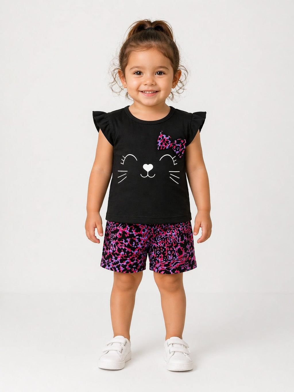 Girls Cute Cat Print Summer Outfit – Soft Top & Shorts Set