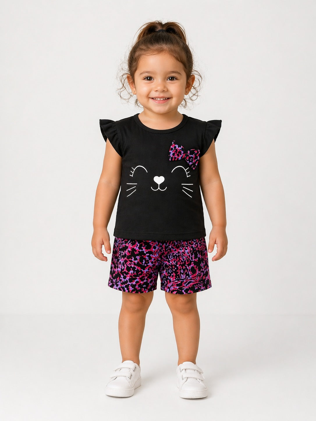 Girls Cute Cat Print Summer Outfit – Soft Top & Shorts Set