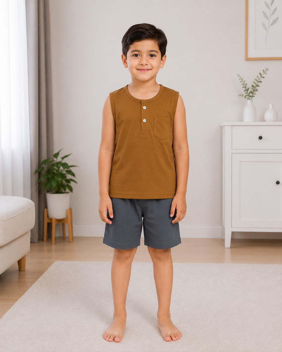 Brown Grey Sleeveless Short set