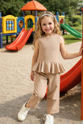Girls Beige Peplum Top & Straight Pants Set – Elegant Kids Casual Outfit