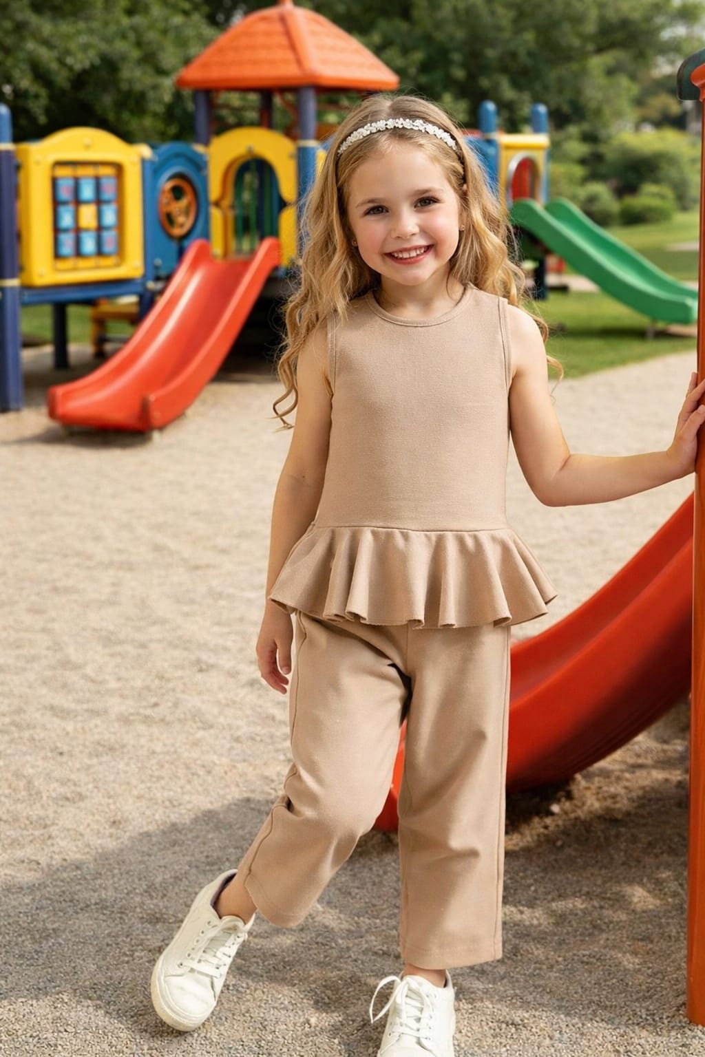 Girls Beige Peplum Top & Straight Pants Set – Elegant Kids Casual Outfit