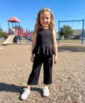 Girls Elegant Black Peplum Top & Wide-Leg Pants Set – Stylish Kids Outfit