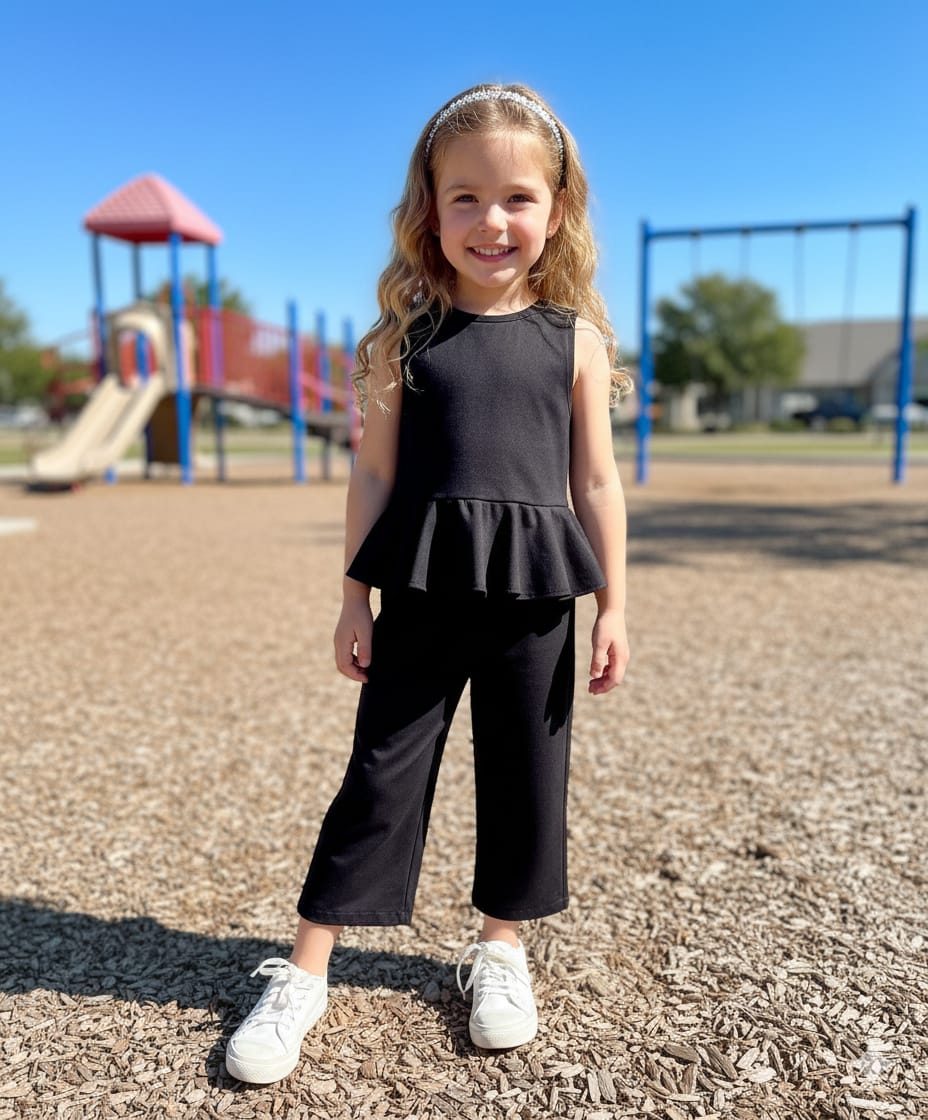 Girls Elegant Black Peplum Top & Wide-Leg Pants Set – Stylish Kids Outfit