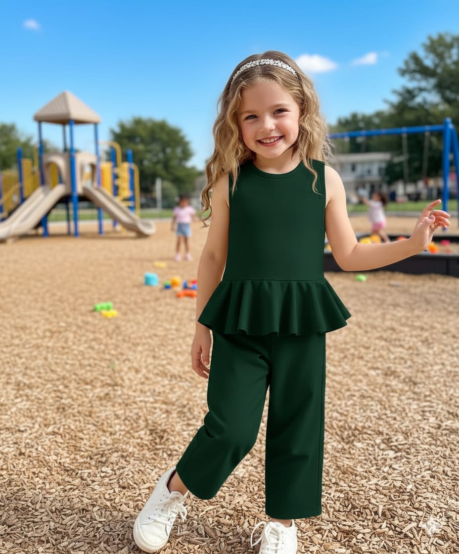 Girls Emerald Green Peplum Top & Wide-Leg Pants Set – Elegant Kids Two-Piece Outfit