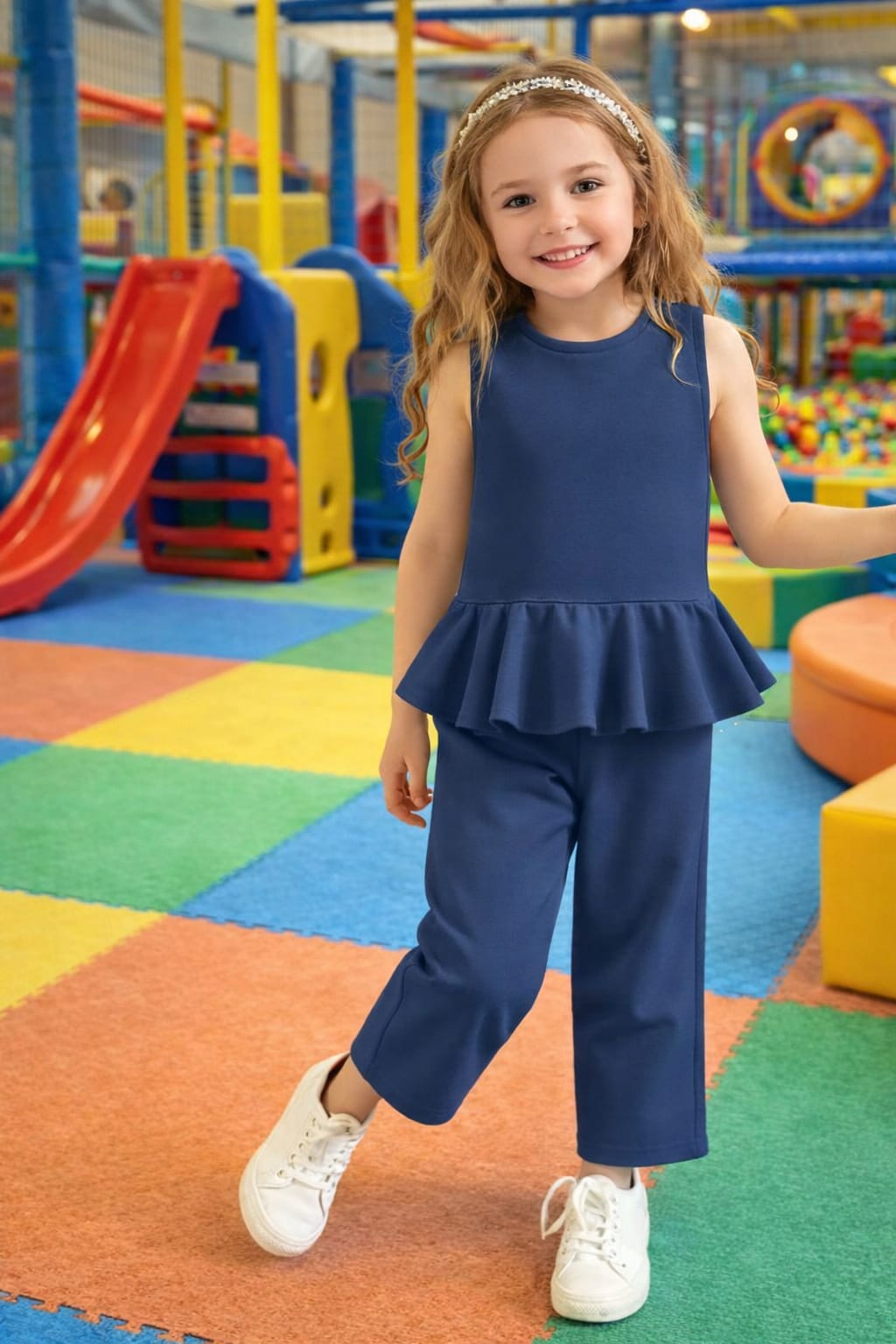 Girls Navy Blue Peplum Top & Wide-Leg Pants Set – Stylish Kids Two-Piece Outfit