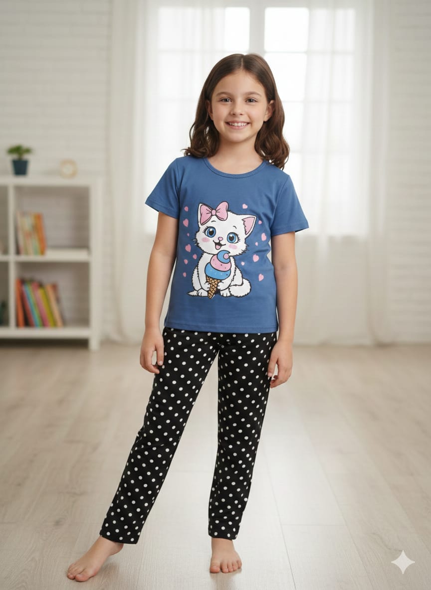 Cute Kitty Comfort Kids Pajama Set – Blue