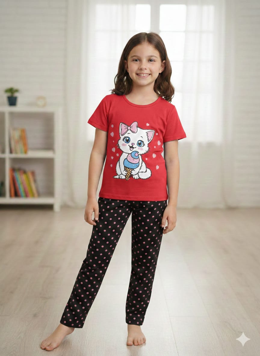 Cute Kitty Comfort Kids Pajama Set – Red