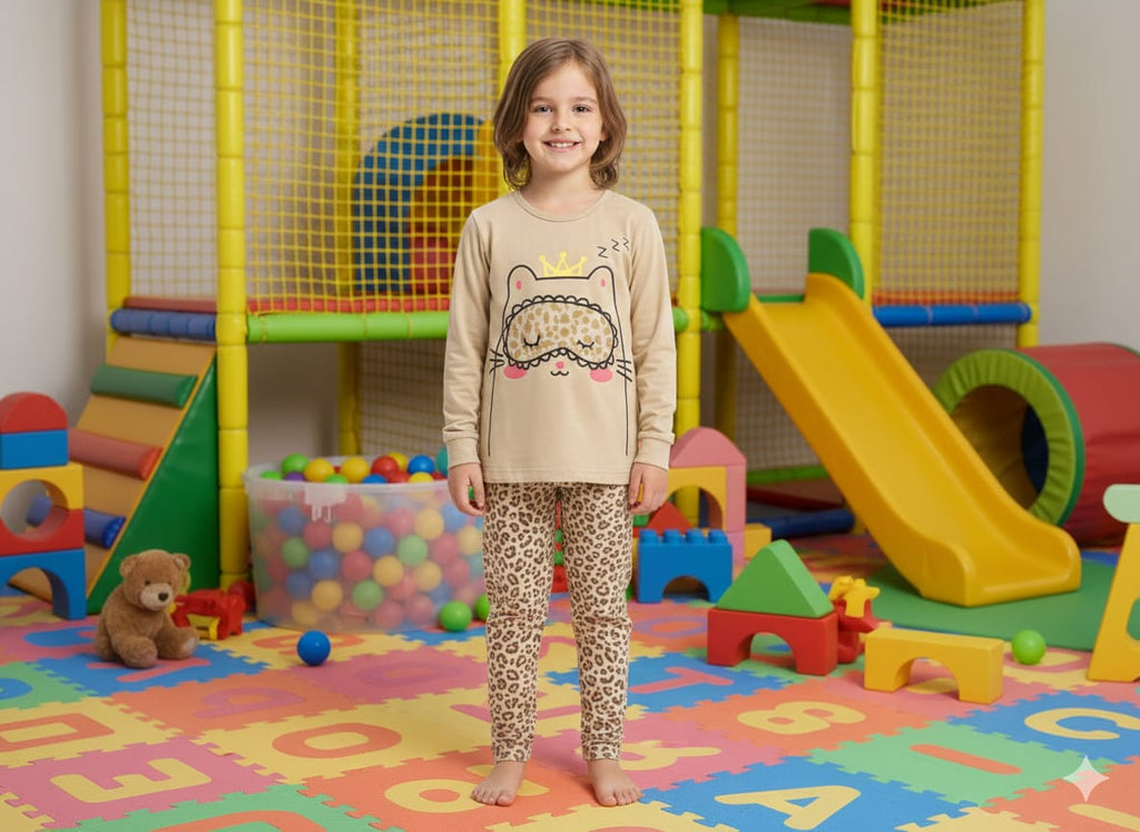 Cozy Kitty Girls 2-Piece Lounge Set – Beige & Leopard