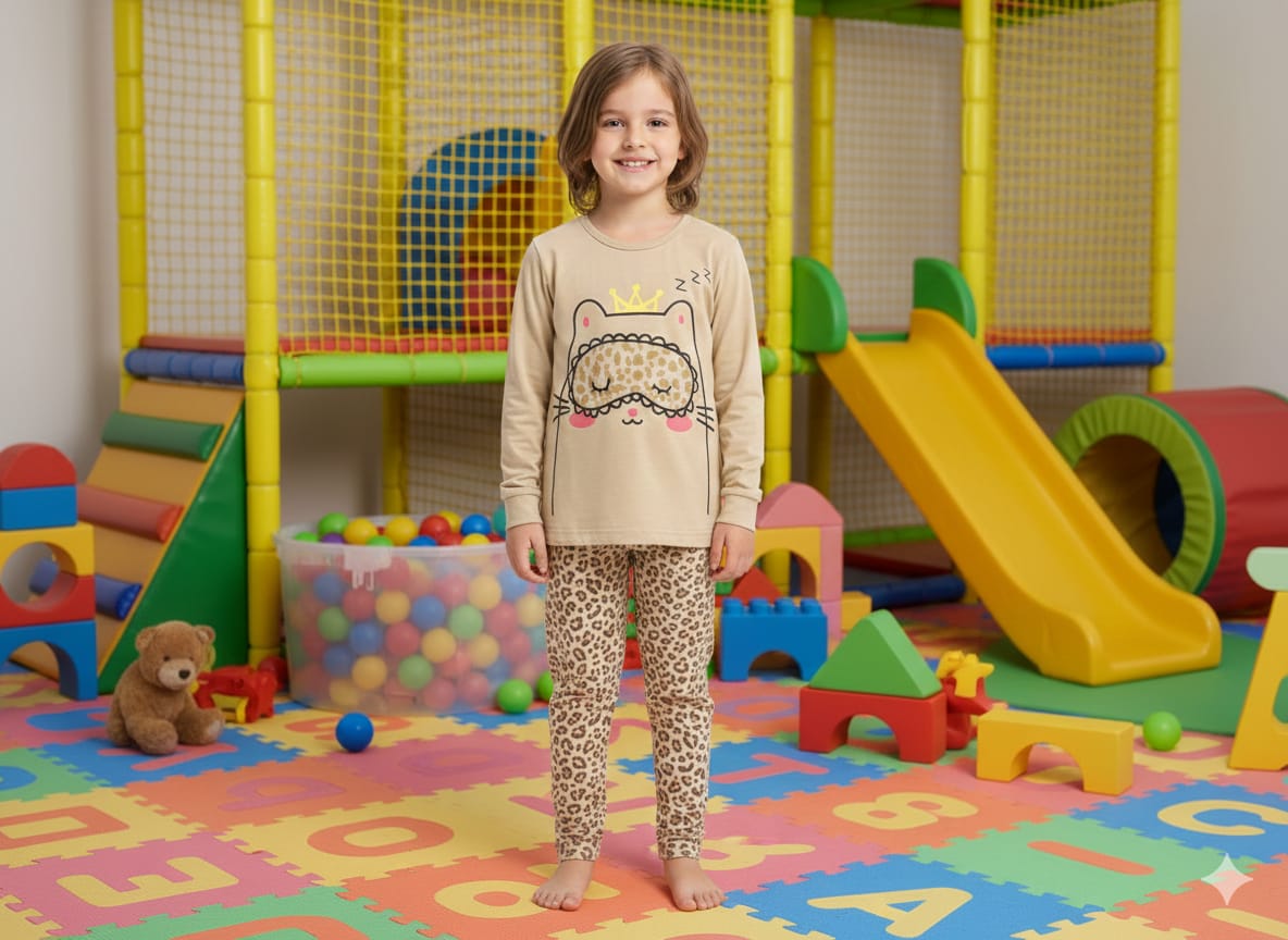 Cozy Kitty Girls 2-Piece Lounge Set – Beige & Leopard
