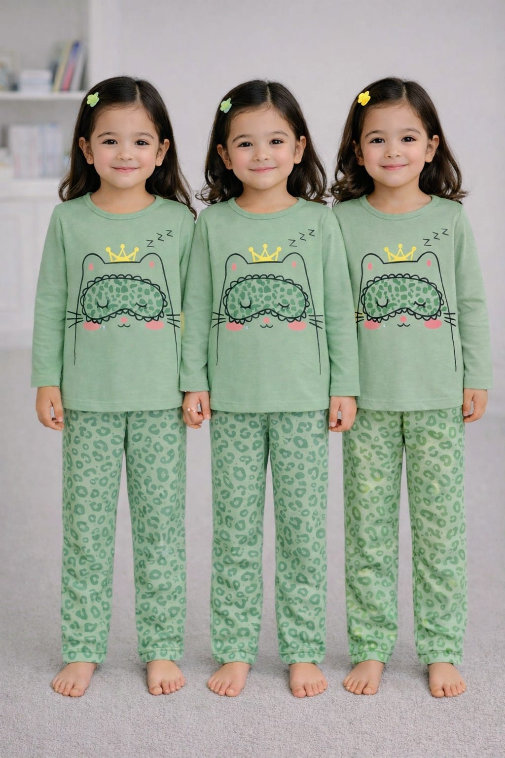 💚 Sleepy Kitty Girls 2-Piece Lounge Set – Olive Green