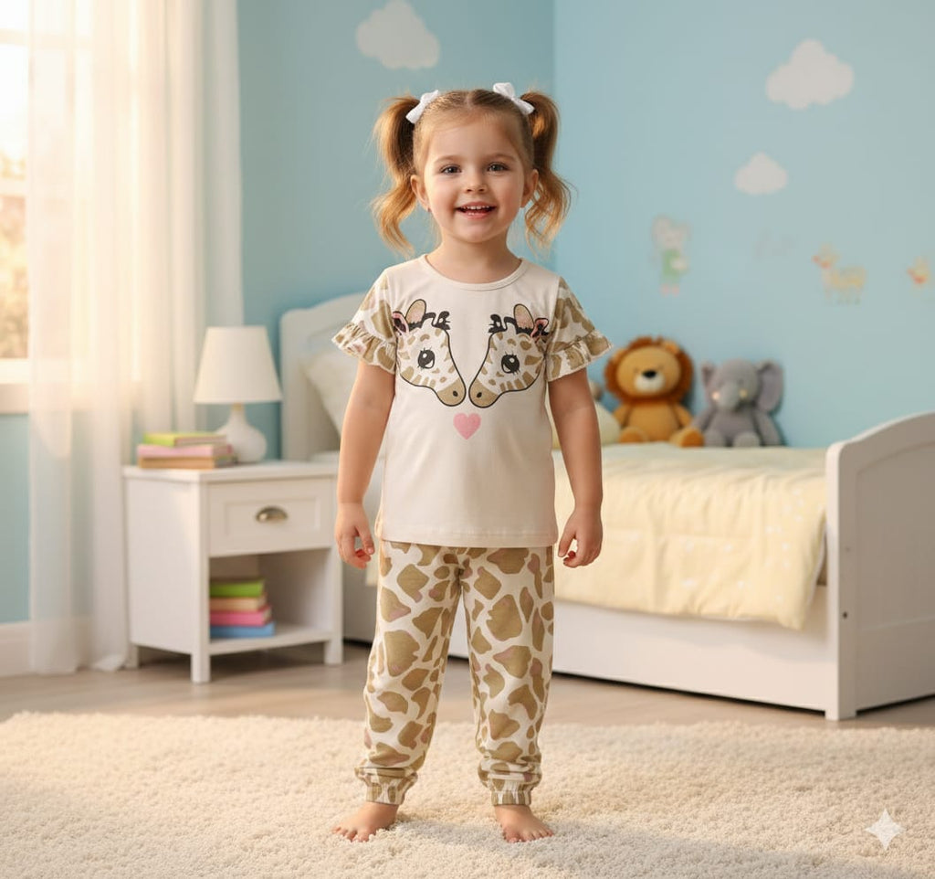 Little Giraffe Girls 2-Piece Pajama Set – Cream & Beige