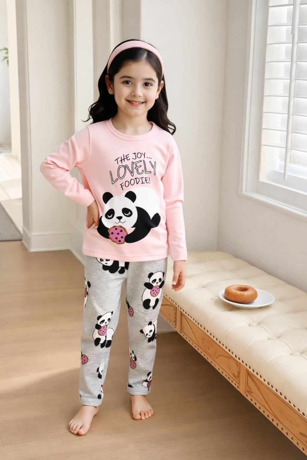 Lovely Panda Girls 2-Piece Pajama Set – Pink & Grey