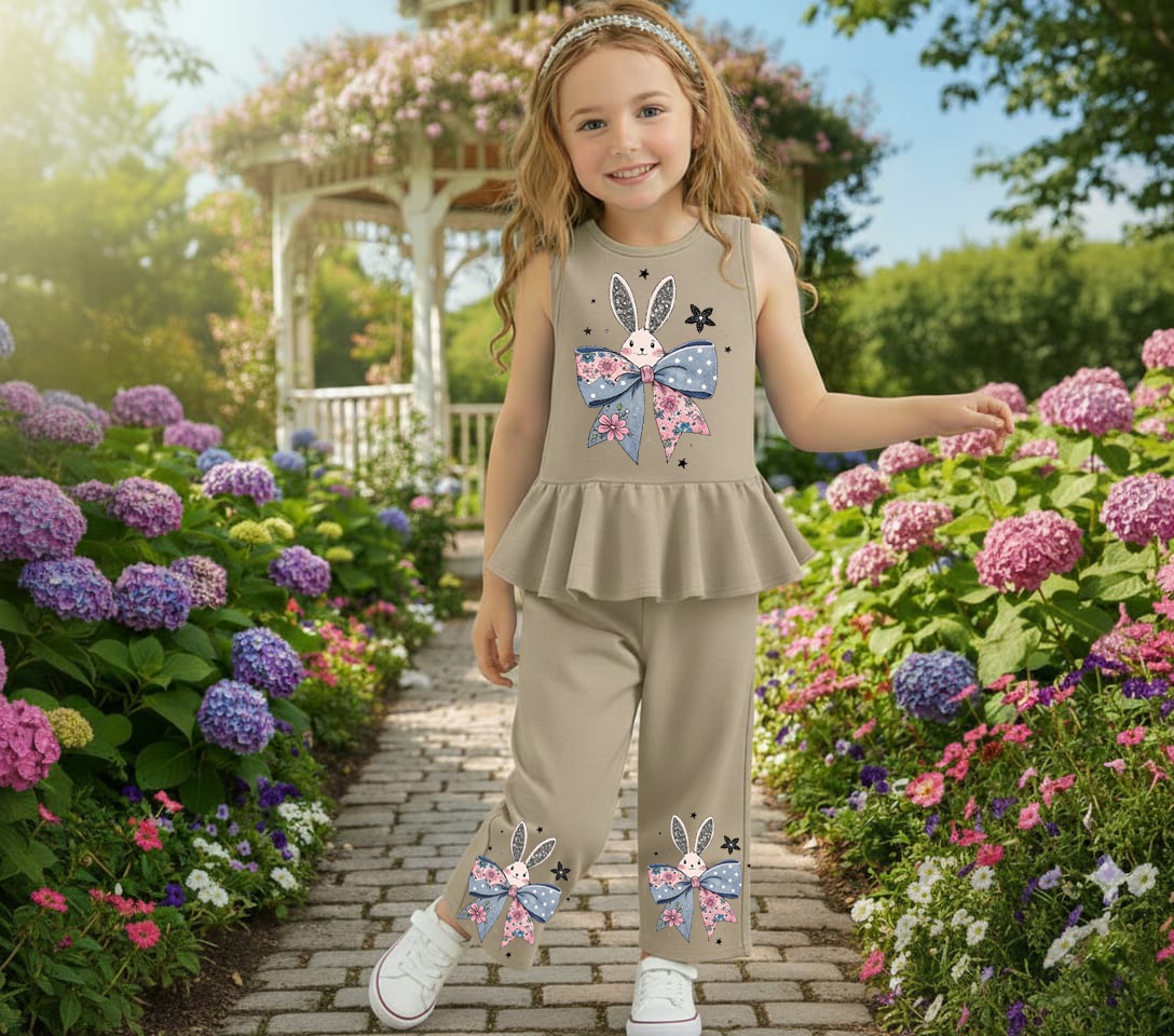 🐰✨ Cute Bunny Bow Girls 2-Piece Peplum Set – Beige