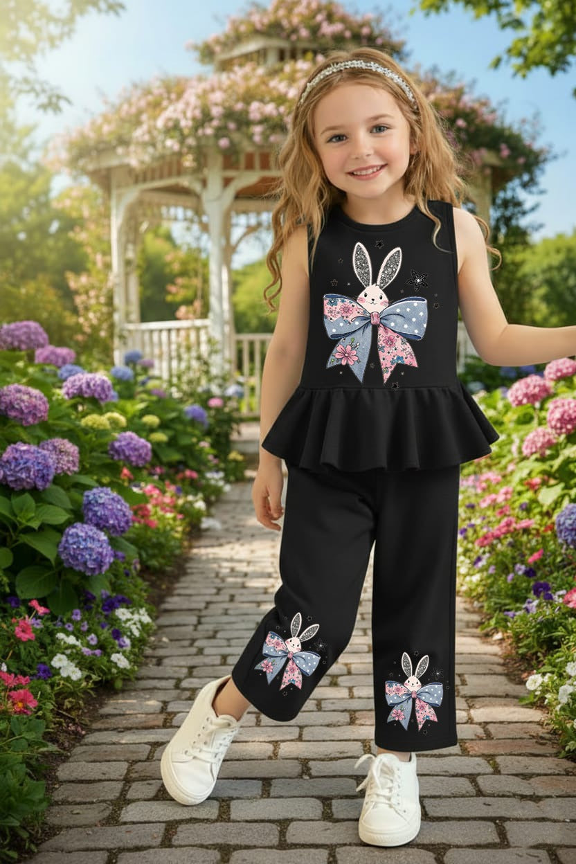 Bunny Bow Girls 2-Piece Peplum Set – Classic Black