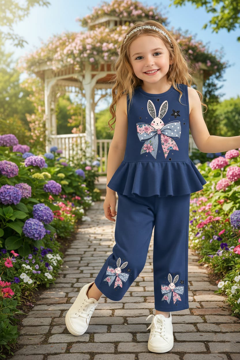 Bunny Bow Girls 2-Piece Peplum Set – Navy Blue