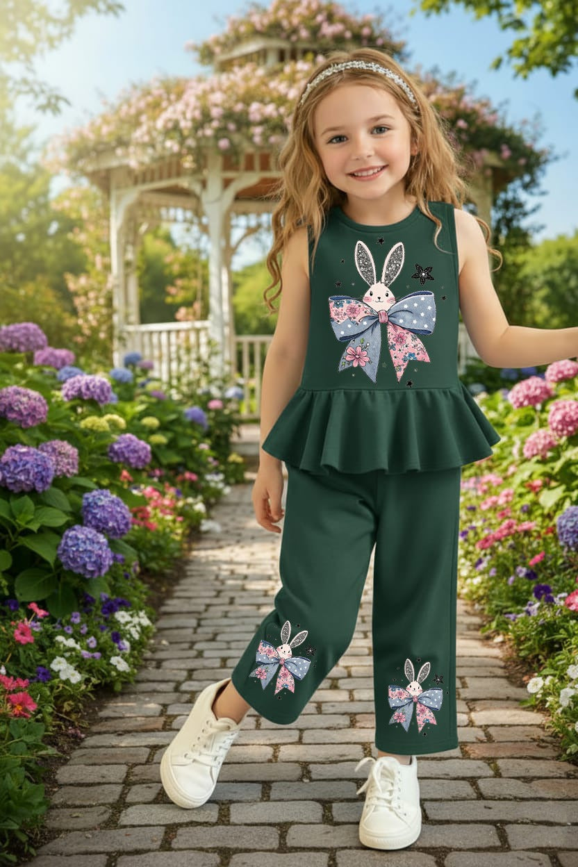 Bunny Bow Girls 2-Piece Peplum Set – Emerald Green