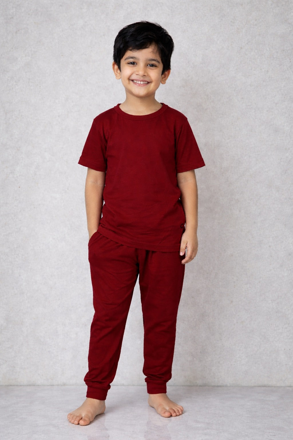 Kids Maroon Cotton T-Shirt & Jogger Set – Soft & Stylish Casual Outfit
