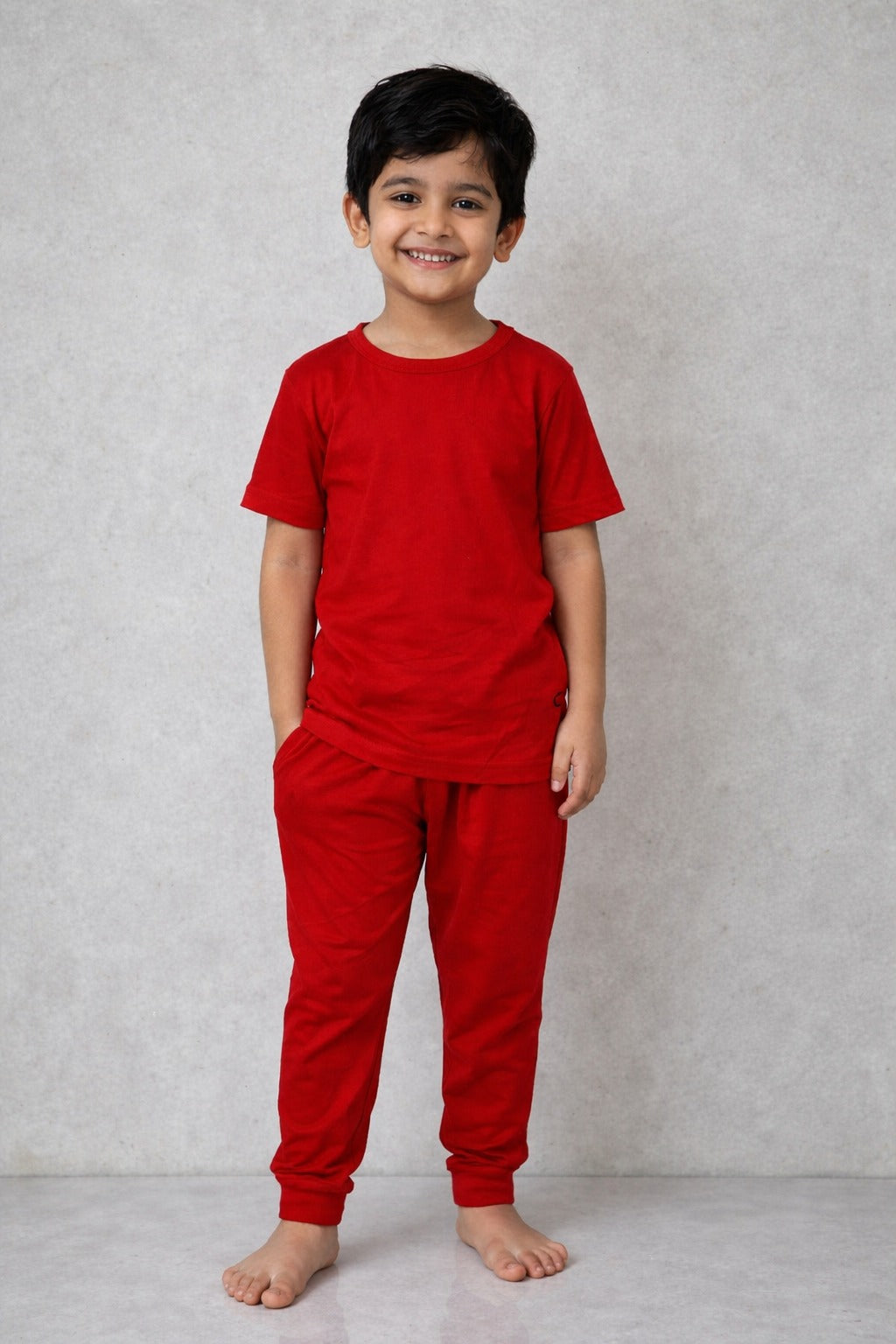 Kids Red Cotton T-Shirt & Jogger Set
