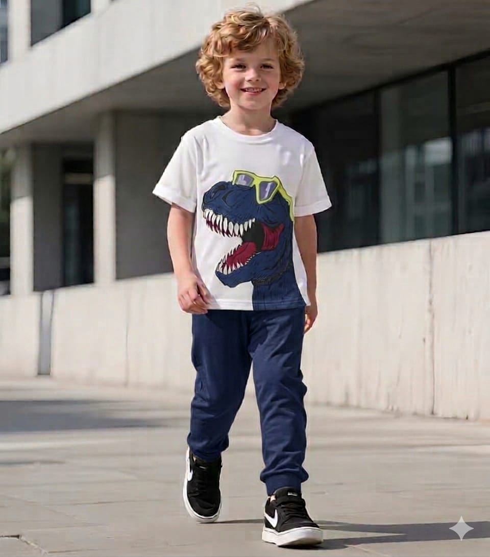 Kids Dinosaur Print T-Shirt & Navy Jogger Set – Trendy Casual Outfit