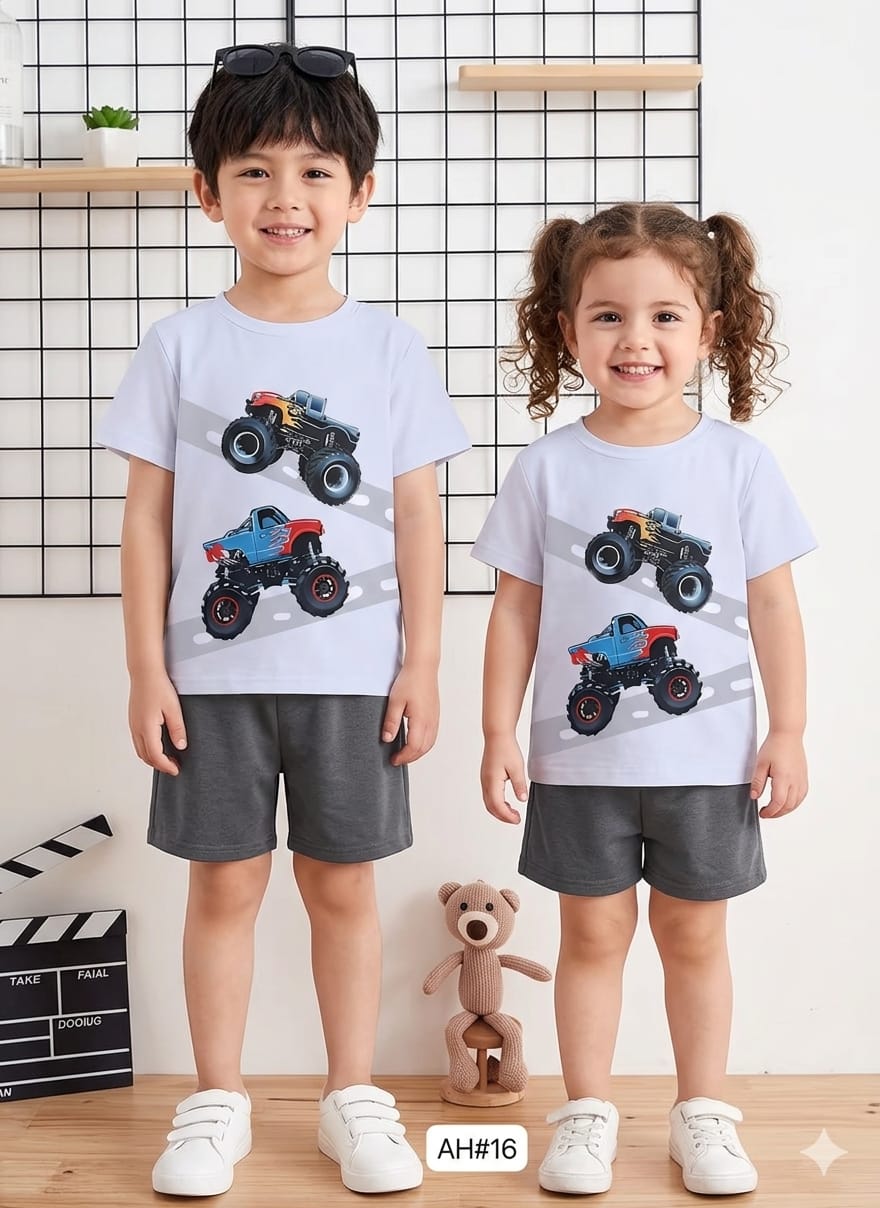 Kids Monster Truck Printed T-Shirt & Grey Shorts Set – Cute & Comfortable Summer Outfit