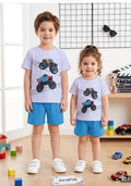 Kids Monster Truck Printed T-Shirt & Blue Shorts Set – Fun Summer Outfit for Boys & Girls
