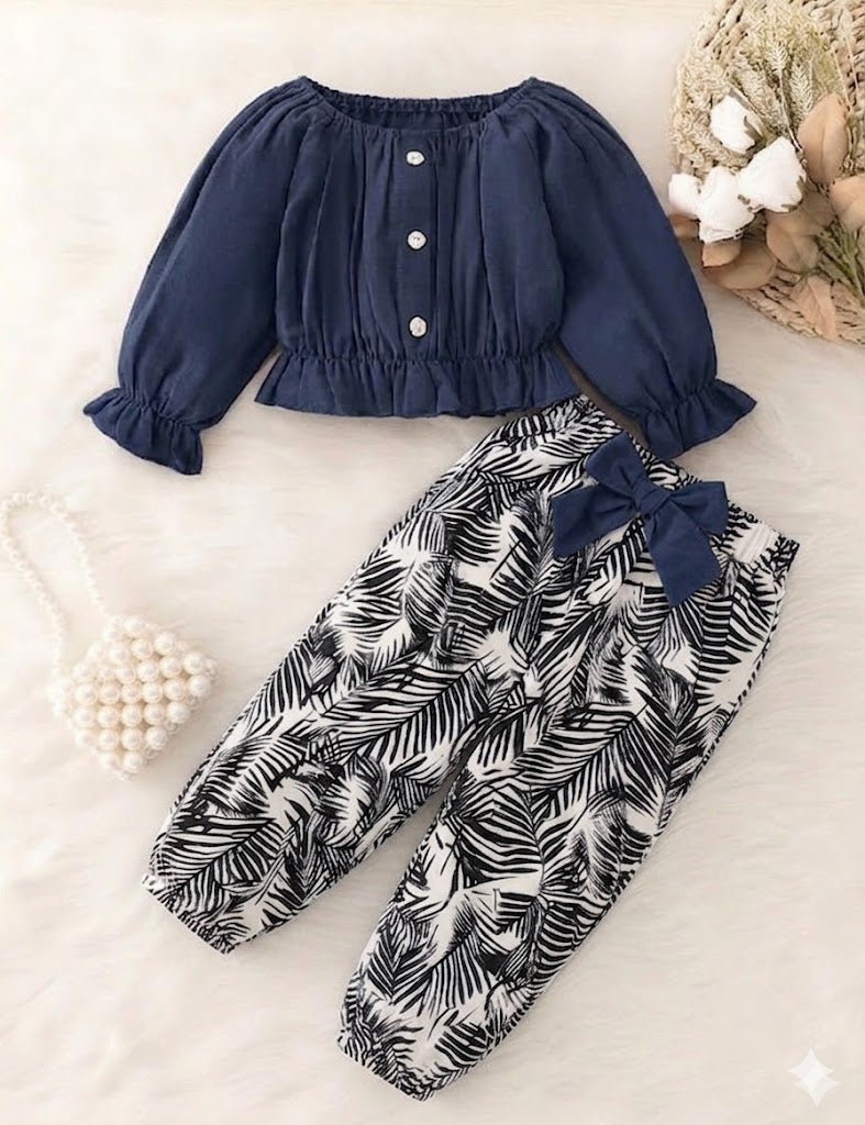 Toddler Girls Navy Blue Ruffle Top & Leaf Print Pants Set – Cute Stylish Outfit