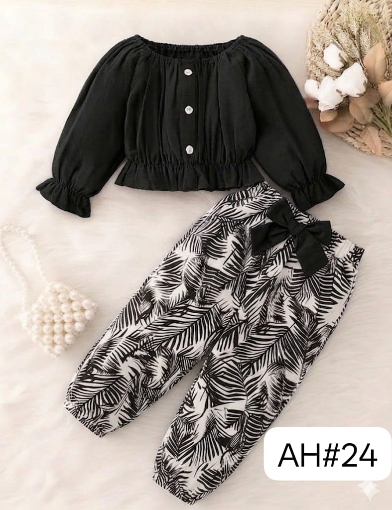 Toddler Girls Black Ruffle Top & Leaf Print Pants Set – Cute Casual Outfit