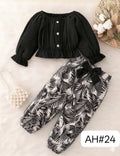 Toddler Girls Black Ruffle Top & Leaf Print Pants Set – Cute Casual Outfit
