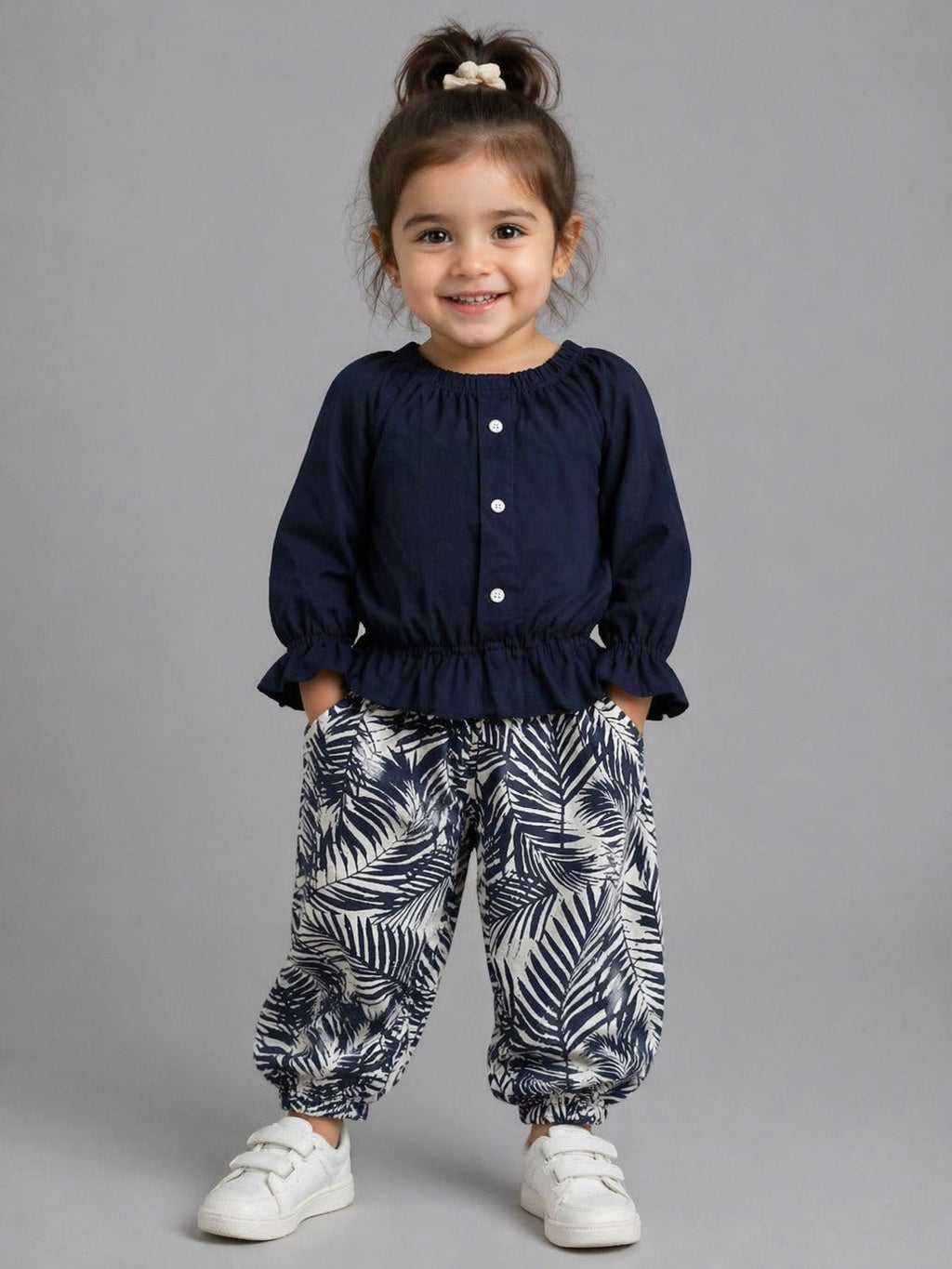 Toddler Girls Navy Blue Ruffle Top & Leaf Print Pants Set – Cute Stylish Outfit