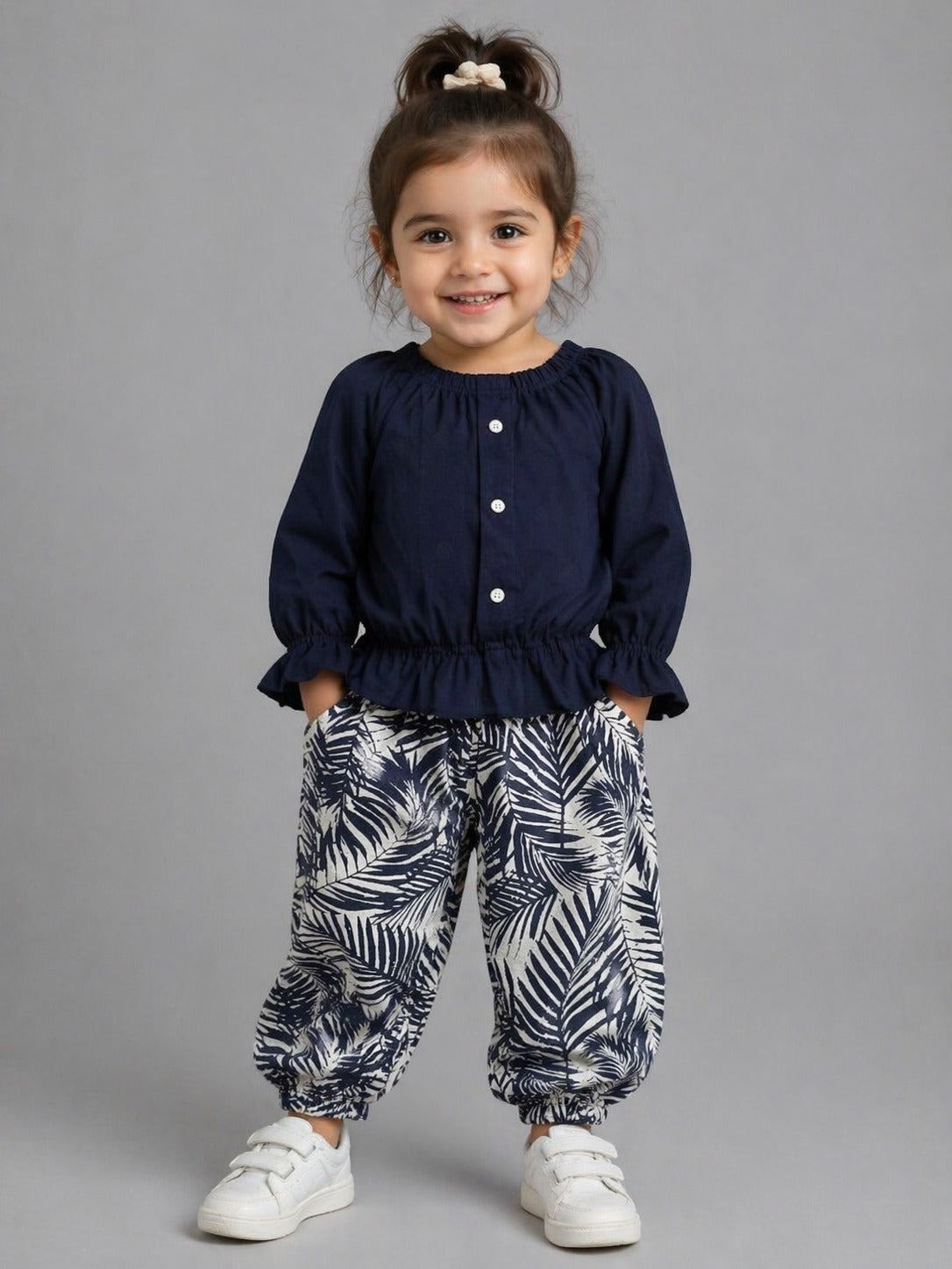 Toddler Girls Navy Blue Ruffle Top & Leaf Print Pants Set – Cute Stylish Outfit