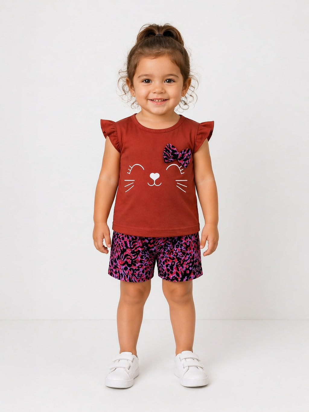 Girls Cute Cat Print Summer Outfit – Rust Top & Printed Shorts Set