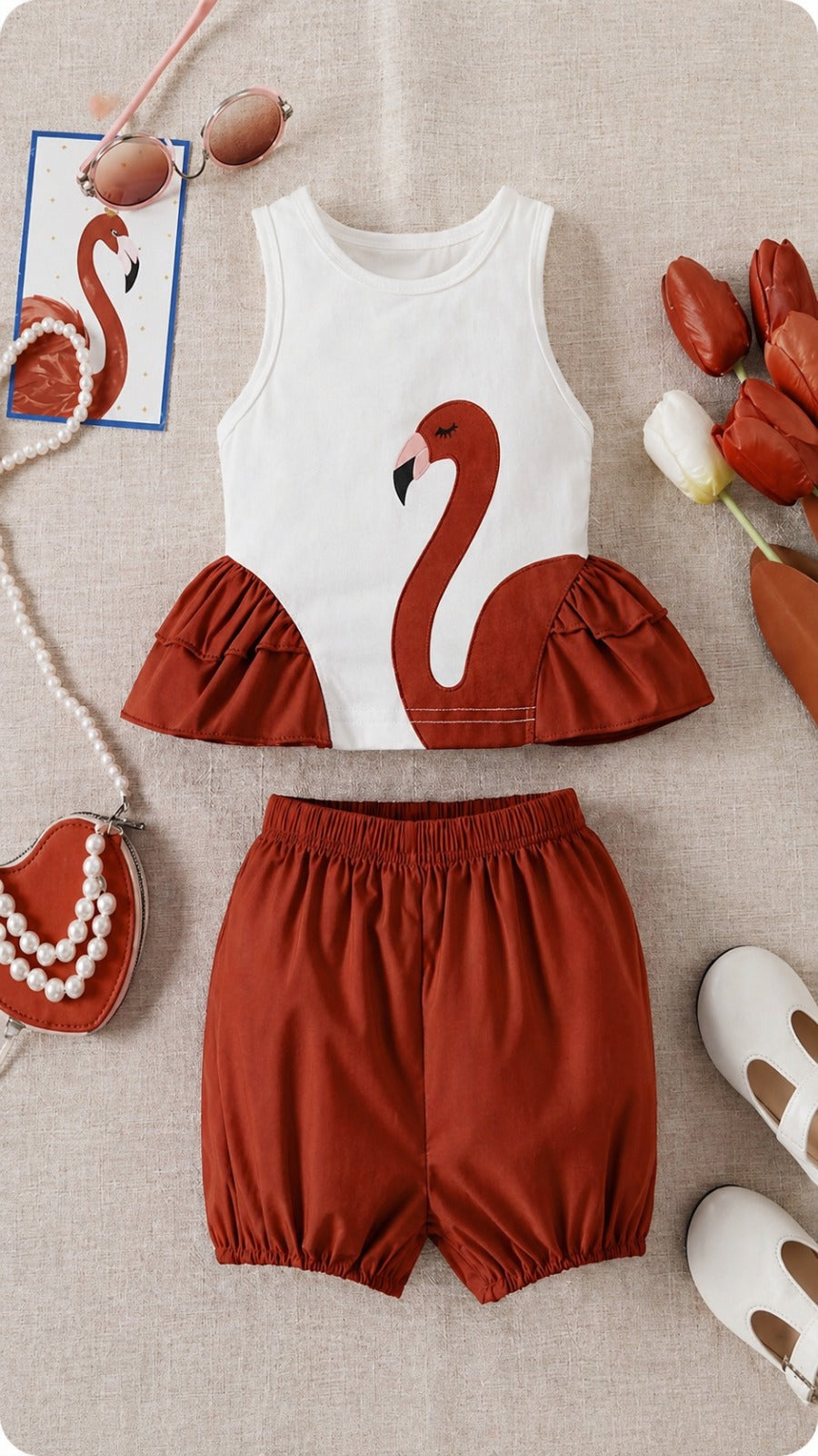Baby Girl Rust Flamingo Summer Outfit – Sleeveless Top & Shorts Set