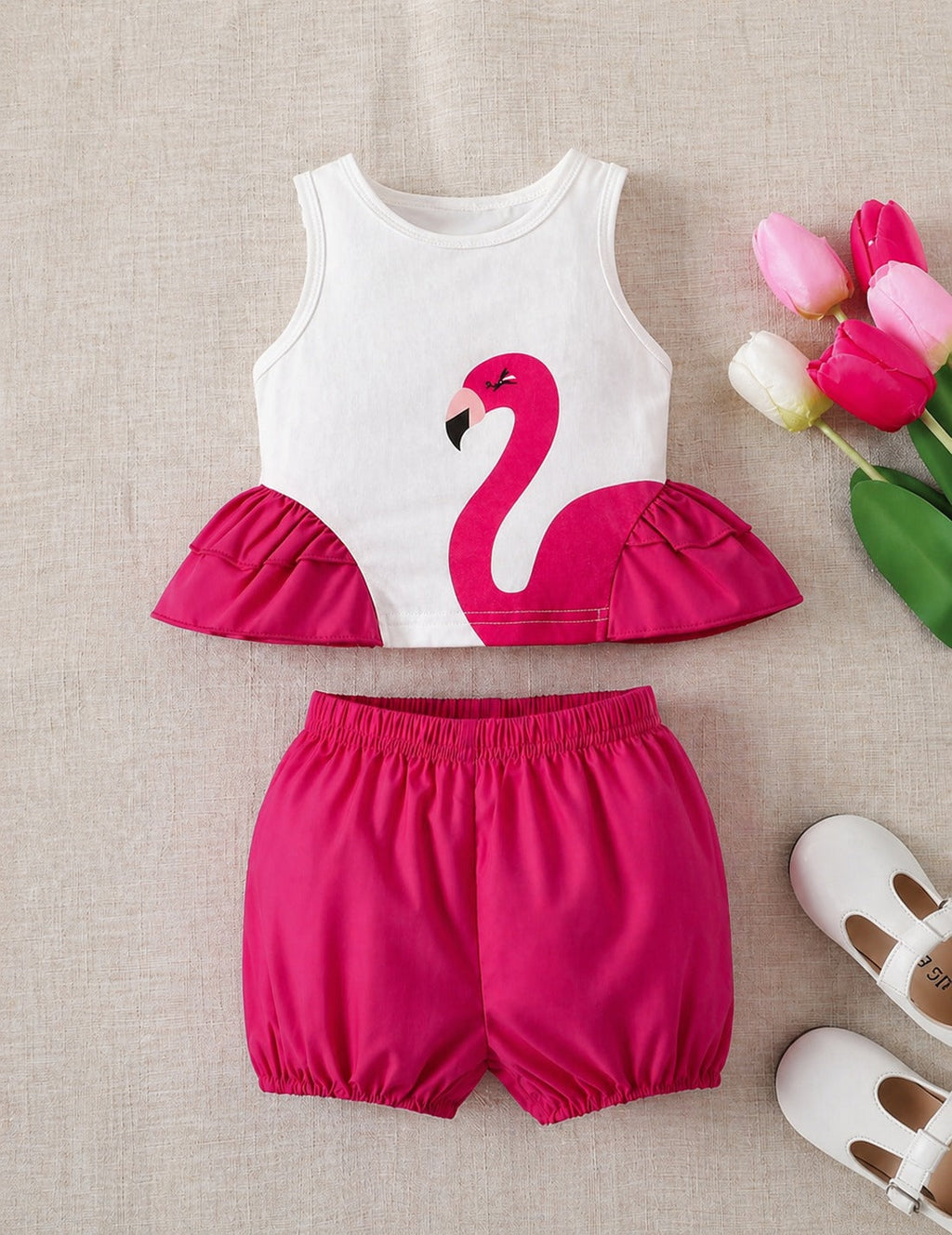 Baby Girl Flamingo Summer Outfit – Sleeveless Top & Pink Shorts Set