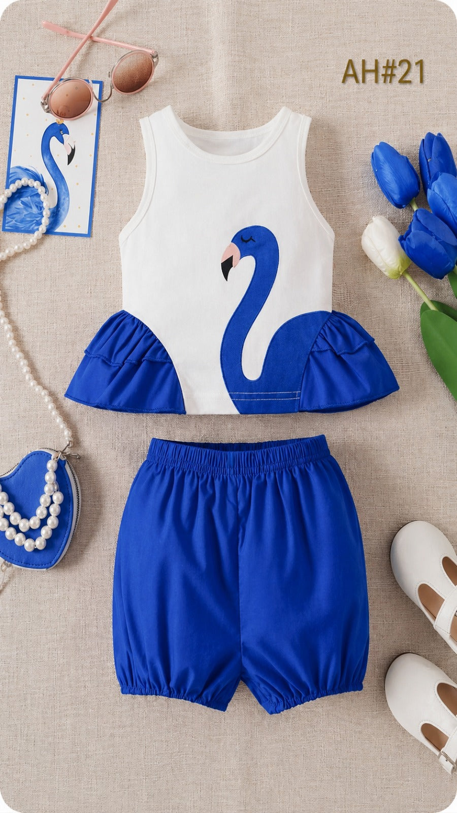 Baby Girl Blue Flamingo Summer Outfit – Sleeveless Top & Shorts Set